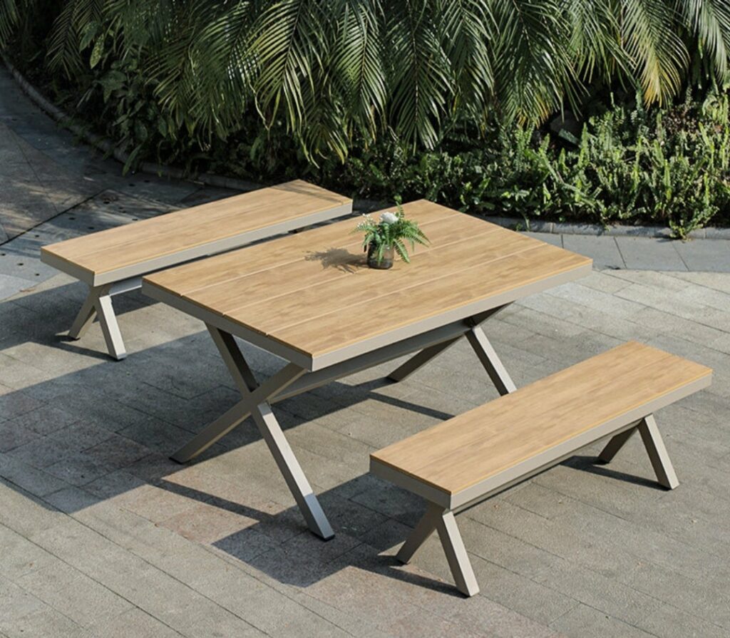 Outdoor 3Piece Cross Leg Platinum Polywood Dining Table with Bench